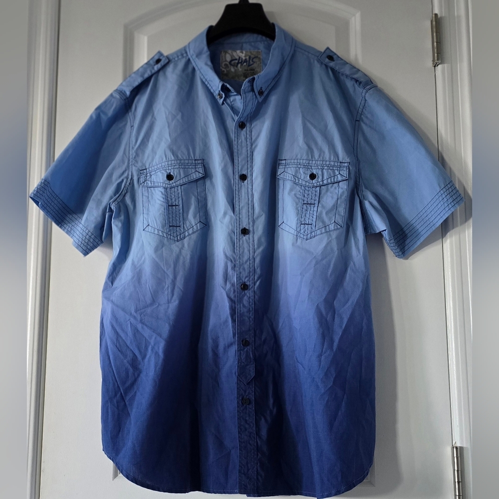 Chalc Men's Button-down Short Sleeve‎ Blue Ombre Shirt Size XXL